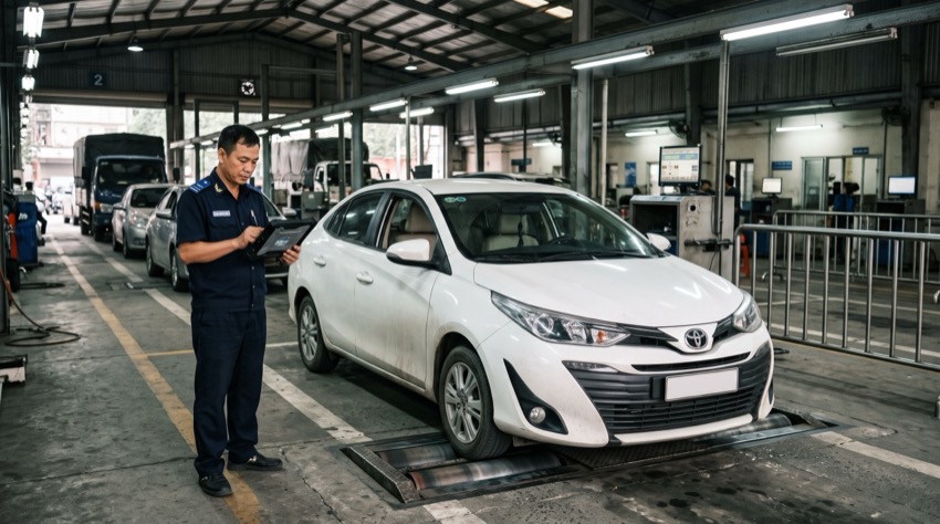 Ô tô được kiểm tra trên làn kiểm định phanh tại trạm đăng kiểm
