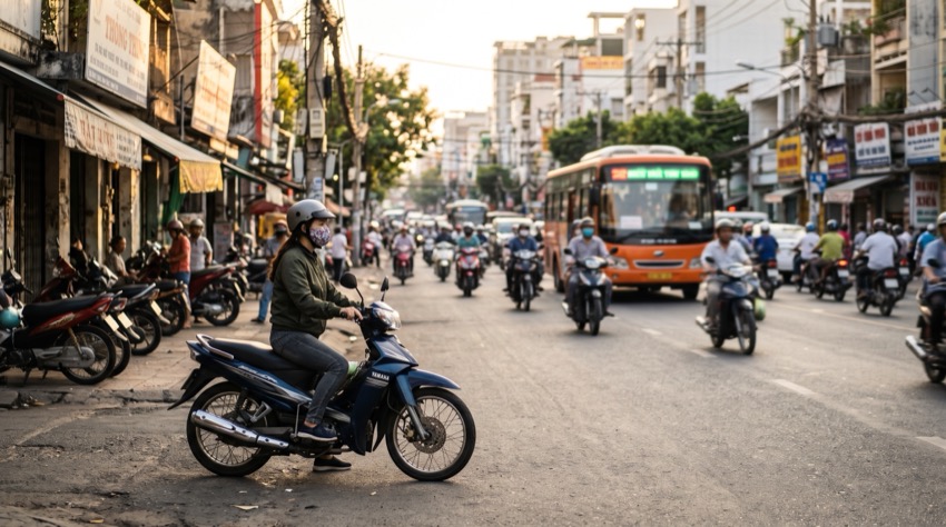 Người đi xe máy dừng hẳn ở đầu đường nhánh nhìn sang trái